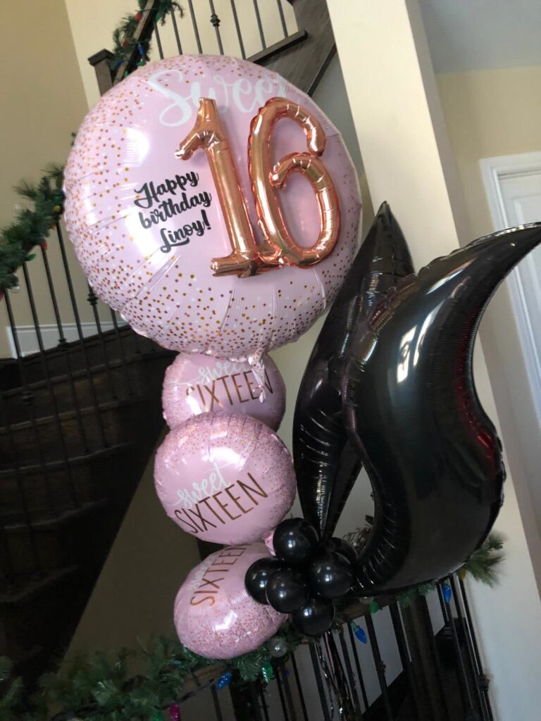 Pink Black 16th Birthday Balloon Bouquet