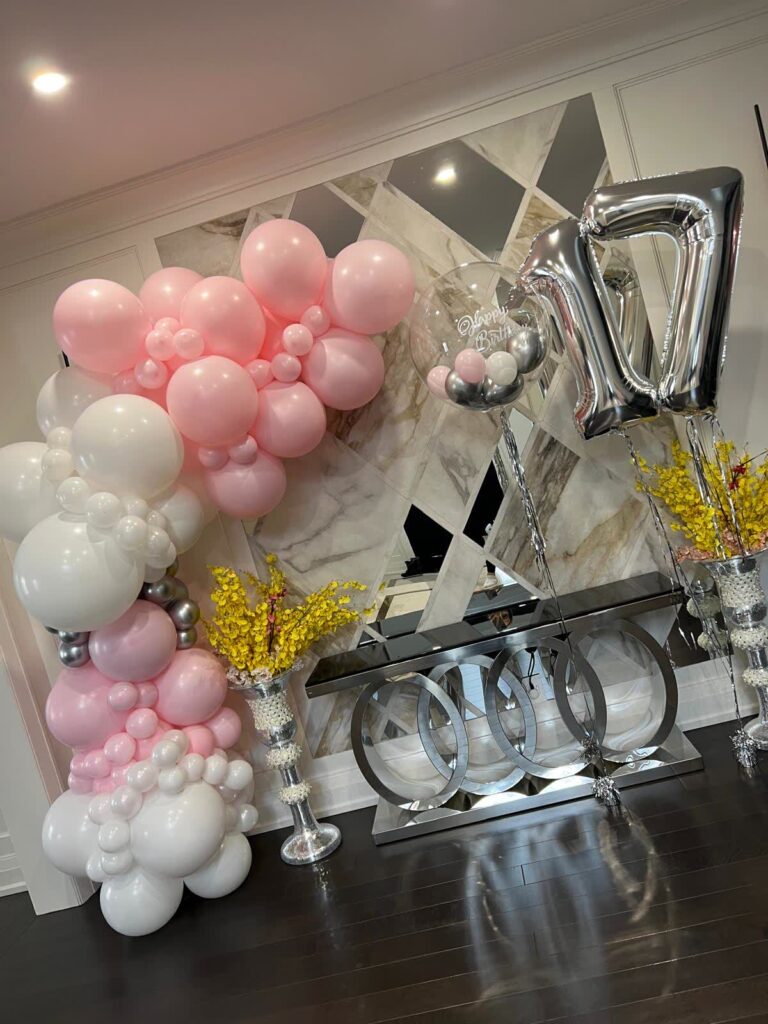 Pink White 17th Birthday Balloon Backdrop