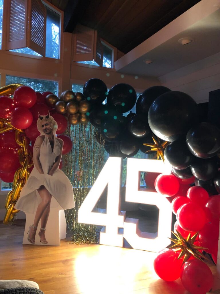 Red Black 45th Birthday Balloon Party Setup