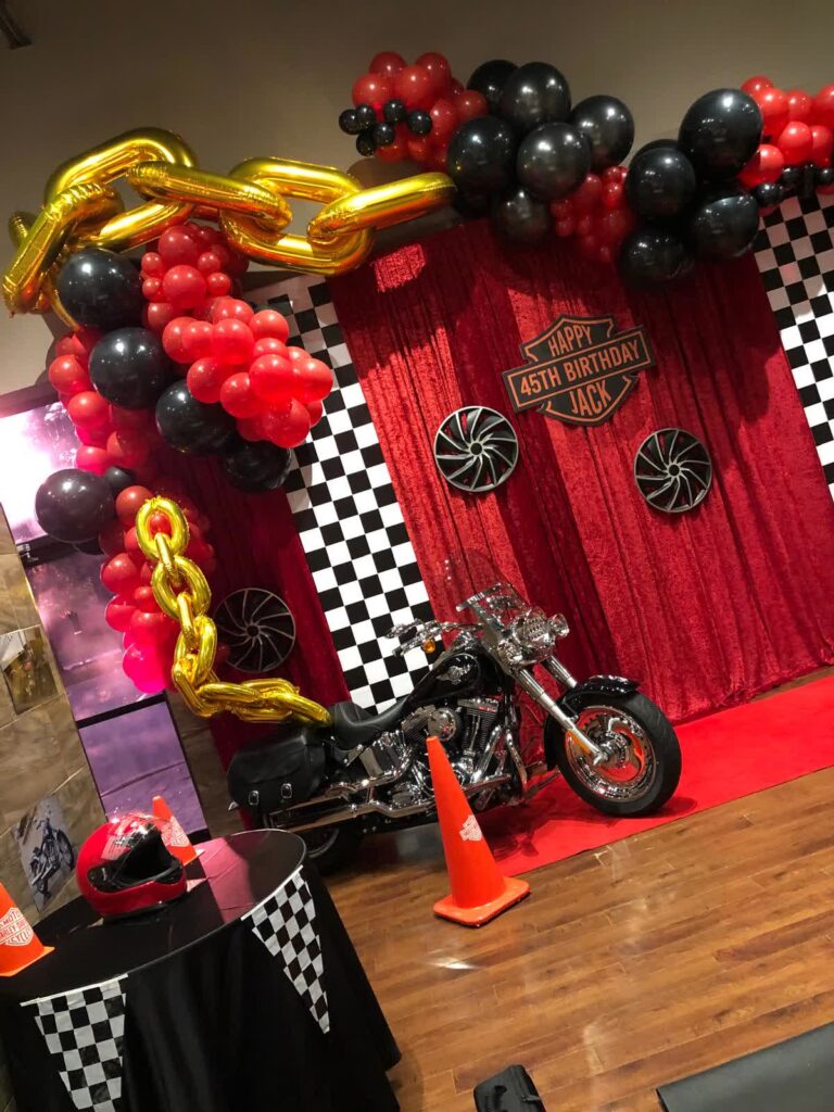 Red Black 45th Birthday Motorcycle Balloon Backdrop