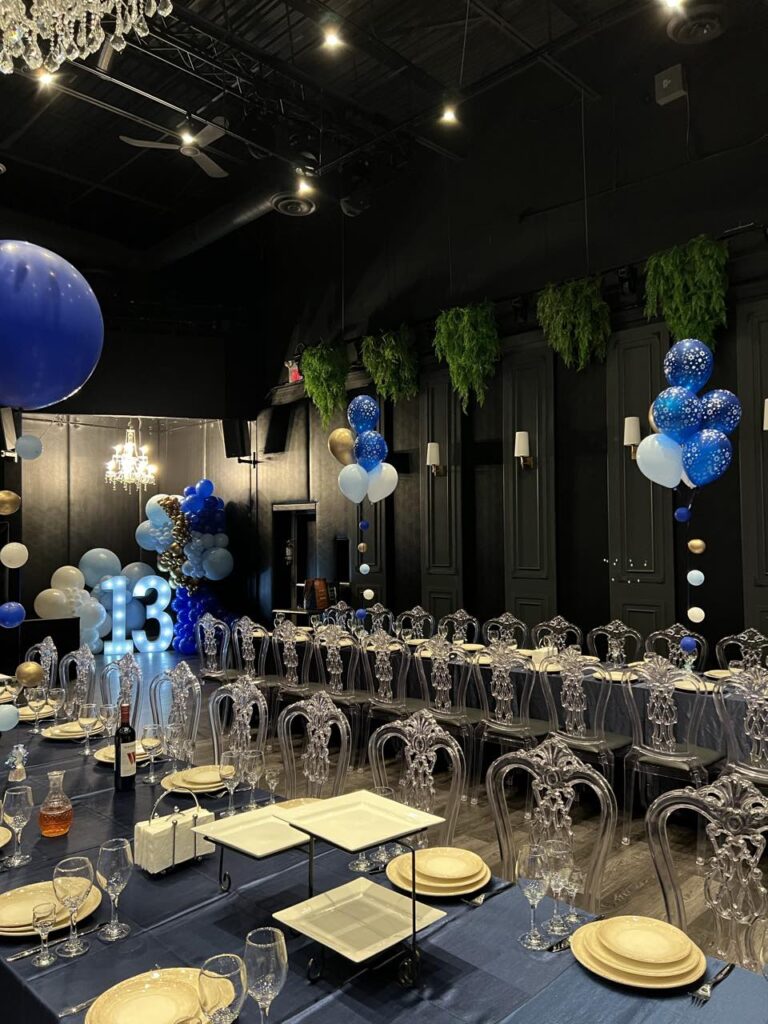 Blue and gold bar mitzvah room decor